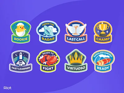 Riot Reward Badge Set achievement badge badgedesign branding champ design flat graphic design icon illustration illustrator logo rewards rookie tech typography vector