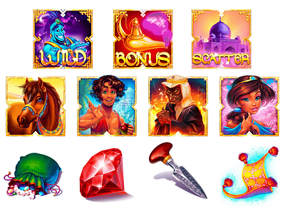 Animation of the symbols for the slot "Aladdin" 2d animation animated symbols animation animation slot casino animation casino graphics design graphics gambling game art game design graphic design graphics animation motion design motion designer motion graphics slot animation slot animation design slot design slot machines symbols animated