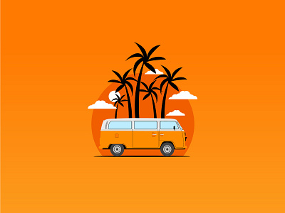 Mini Travel bus flat illustration bus car flat illustration illustration landscape sunset travel travel bus travel concept tree vector