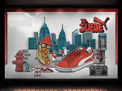 Puma Suede 3d branding character display hiphop hotdog illustration installation puma suede window