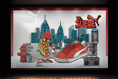 Puma Suede 3d branding character display hiphop hotdog illustration installation puma suede window