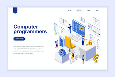 Computer Programmers Isometric Landing Page 3d 3d animation 3d art 3d illustration app computer concept dashboard developer flat illustration isometric landing landing page page programmer vector web website wireframe