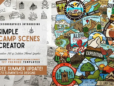 Simple Camp Scenes Creator Kit adventure badge camping camping badge canva design design bundles emblem illustration logo logo creation logo creation kit logo creator svg bundle ui vector vintage