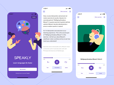 Speakly - Language Learning App app design audio colorful education education app illustration landing landing page language learning languages listening listening exercise paragraph play player translation ui design ux design welcome welcome screen