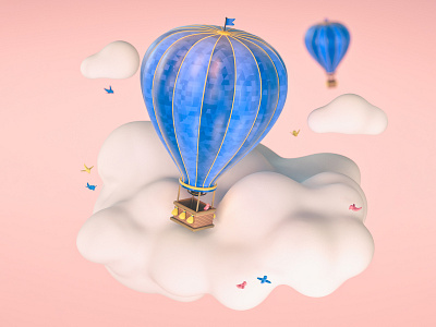 Flying away 3d balloon birds cinema 4d clouds colorful cute globe hot air illustration illustrator pastel sky up in the sky