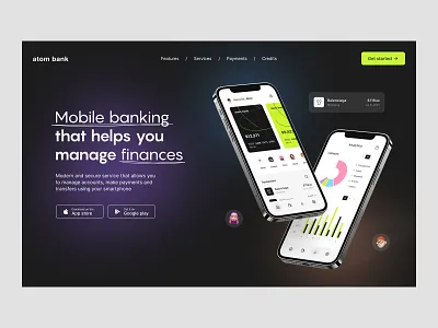 Atom | Landing Page bank bank identity banking banking app banking website defi digital bank finance fintech fintech app landing landing page online banking product page ui ux visual identity web website