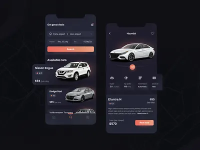Car Rental App app appdesign bright car colors dark darkmode design figma gradient graphic design inspiration interface ios mobile rental ui ux wireframe