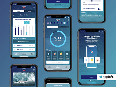 Gerolsteiner TrinkCheck App – Water Drinking Reminder animation app design chart dashboard drink drinking reminder graph health mobile design motion graphics reminder settings simple statistics track ui uiux ux water water tracker