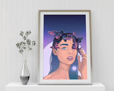 "Moon" art beautiful woman butterflies colorful art colorful illustration colorful wall art comics constellations design girl with butterflies graphic design illustration moon moon girl night pop art pop illustration stars twilight wall art