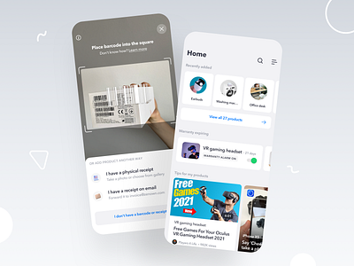 Barcode scan & Home screen of the app app design clean home screen ios mobile design scan barcode scanning ui