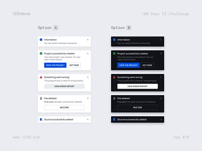 Day 019 — Toast Notifications | 100 days UI challenge 123done alert design design kit design system figma interface notification templates toast toast notification ui ui kit universal design system (web) widget