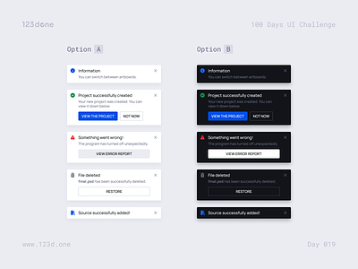 Day 019 — Toast Notifications | 100 days UI challenge 123done alert design design kit design system figma interface notification templates toast toast notification ui ui kit universal design system (web) widget