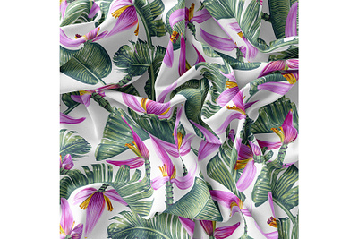 "Banana Leaves And Flowers" Pattern bananas exotic fabric floral flower foliage jungle leaf paradise rainforest realistic seamless seamless patter summer tropical background tropical flowers tropical leaves tropical pattern vector wallpaper