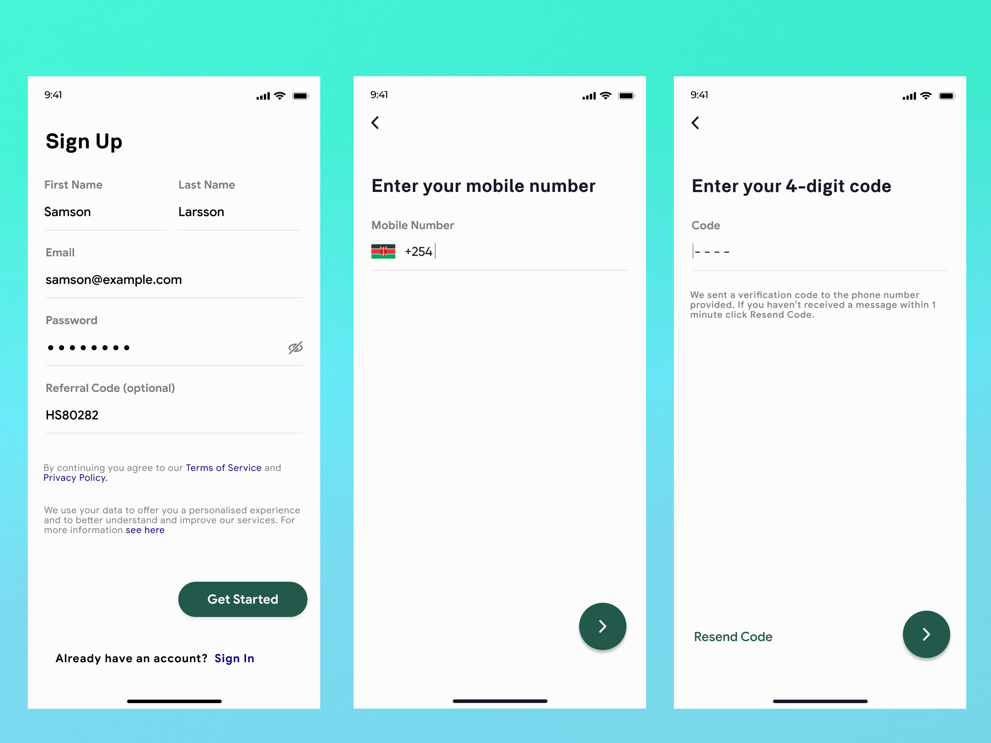 Example of Account Sign up with OTP and Referral Code