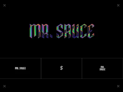 MR.SAUCE black blackletter bold branding chrome contrast dark ecommerce edgy gradient graphic design holographic identity logo rainbow system typography ui vibrant wordmark