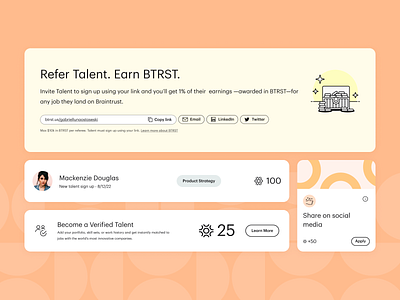 Earn BTRST 🤑 braintrust client crypto decentralized design freelance illustration jobs mobile product product design refer talent referral program referrals talent ui ux web web3