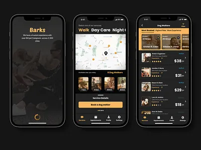 Dog Walking APP • Barks branding case study dark grey dog walking dribbble student elegant mobile design orange positive vibe product design prototyping ui user research ux vector visual design yellow