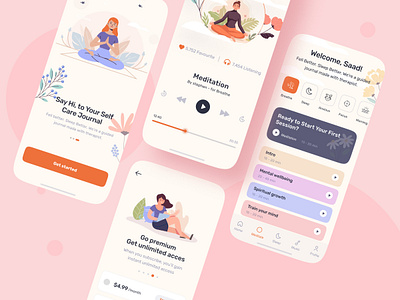 Meditation Mobile App UI Design app clean clean design color design headspace illustration meditate meditation mobile modern design orange product design relaxation app saad trendy typograph ui ux yoga app