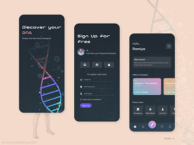 Discover your health and DNA - Concept App blood bot bottom nav branding concept app dark dna figma health healthy home screen lab landing screen login navigation onboarding signup skeliton test ux designer