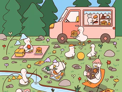 Summer day with good friends book duck duckling fishing reading