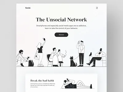 Social. Landing page black illustration layout minimal ui uidesign ux web webdesign