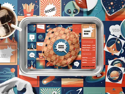 Space Chronicles Branding Collection astronaut atomic age branding coffee shop branding comic book fast food branding food illustration graphic design mid century modern packaging illustration pattern planets restaurant branding retro branding retro vintage scifi seamless pattern space universe vector