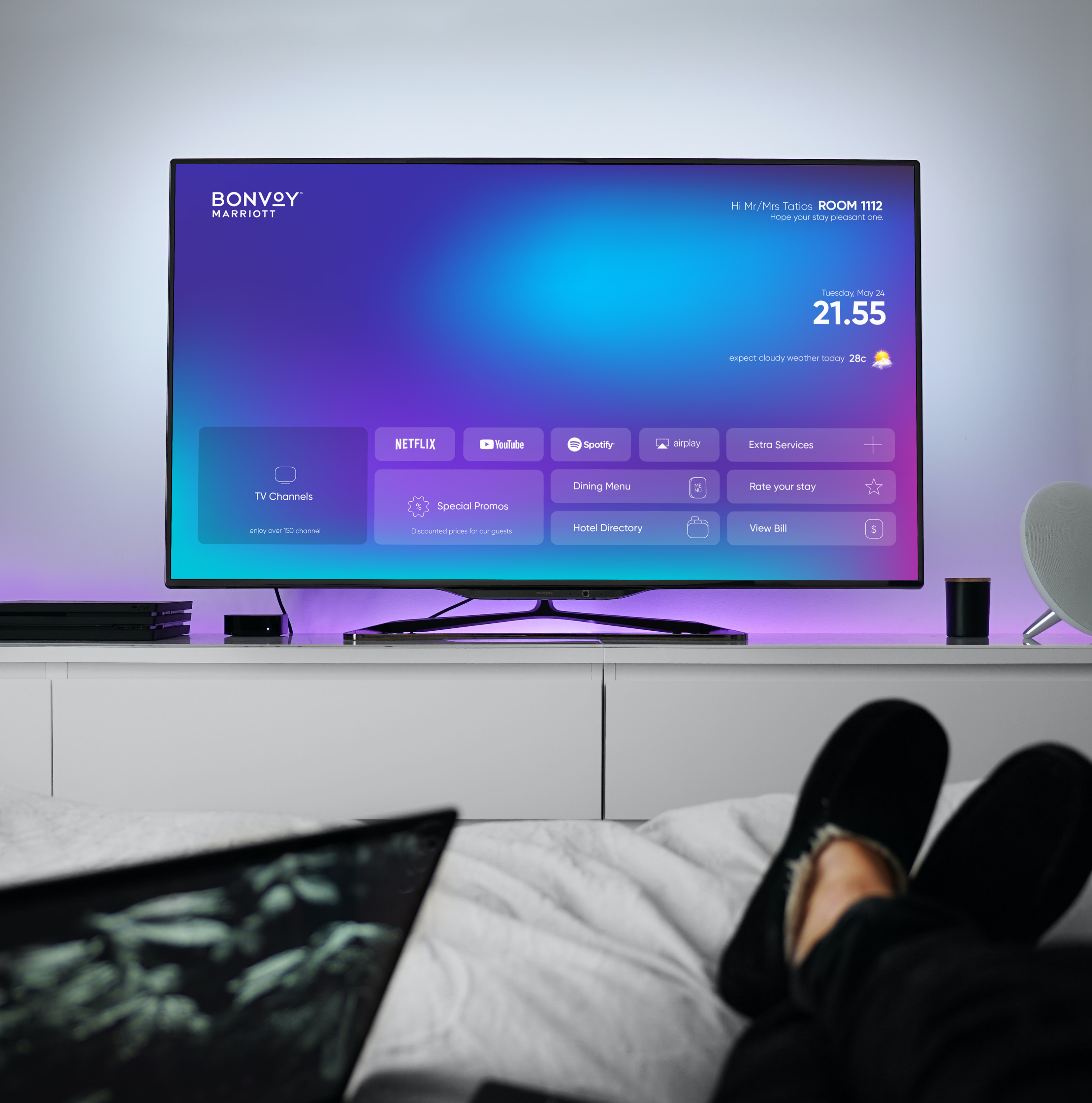Hotel smart TV screen display UI solution. app design ui ux