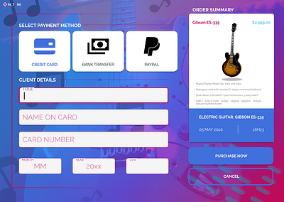 IN_TUNE credit card checkout dailyui002 guitar ui purchase order ui