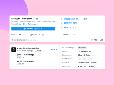 UI Cards add to list analytics apollo contact dashboard details employment history job history person details phone number saas sales sales stage salesforce sequence strategy ui work history zoominfo