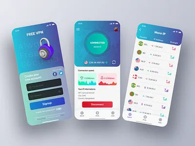 VPN App Minimal UI Design 3dapp app cards clean colourful dailyui design graphicdesign minimal minimalism minimalist mobile ui modern trendy ui uiux uxui vibrant vpn webapp