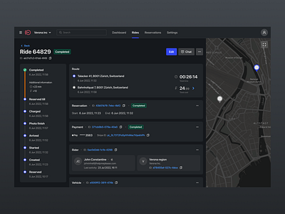 Ride detail page. Dark mode. back office dark mode detail page information timeline ui