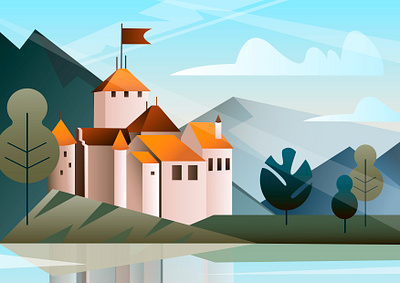 Castle near the river branding illustration