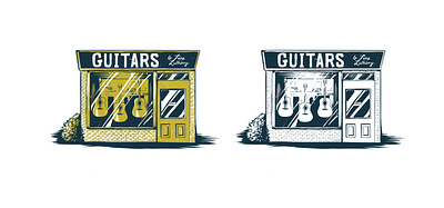 Guitar Shop WIP digital engraving illustration lettering woodcut