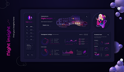 Night Insight; Dashboard UI 3d animation branding dashboard dashboard ui design illustration neumorphism typography ui uidesign ux uxdesign webui