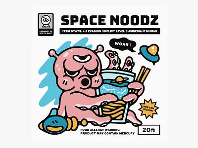 Mystic Mart #2: Space Noodz ad alien animal badge design grain graphic design illustration logo noodles octopus poster design procreate ramen rpg stamp stats texture typography vector