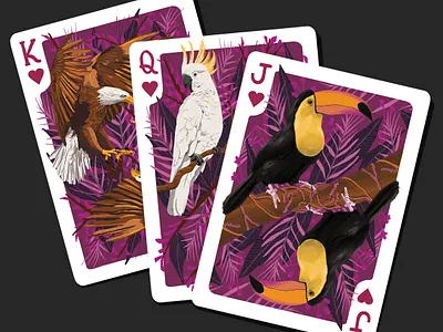 ANIMAL KINGDOM - HEARTS birds board games card design deck deck of cards design digital art digital illustration eagle game design illustration nature nature art nature illustration owl parrot playing cards poker purple toucan