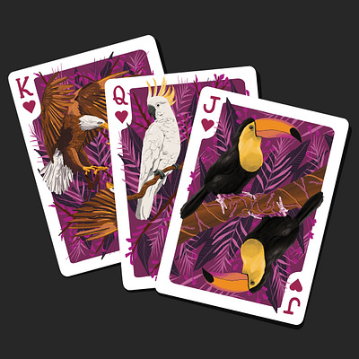 ANIMAL KINGDOM - HEARTS birds board games card design deck deck of cards design digital art digital illustration eagle game design illustration nature nature art nature illustration owl parrot playing cards poker purple toucan
