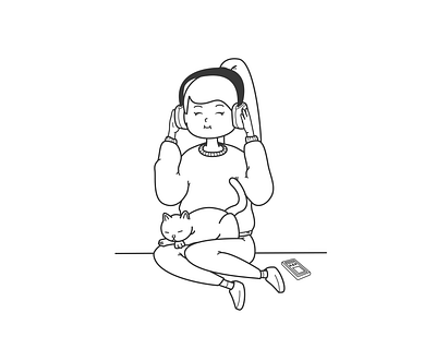 Headphones and cat thrones cat cat and girl cats cute cute design girl girl and cat headphones line art listening to music music music lover teen girl