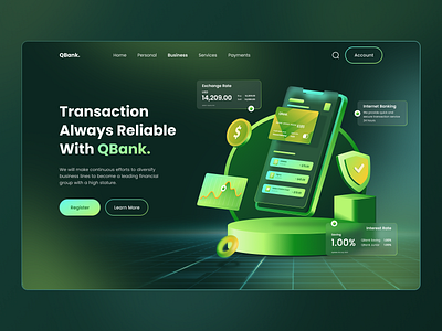 QBank. - Digital Bank Header Website design digital bank fake3d figma finance hero hero illustration illustration isometric online banking transaction ui ui ux uidesign web webdesign website