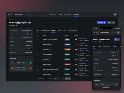 Customer detail page. Dark mode. app back office dark mode desktop interface mobile table tabs