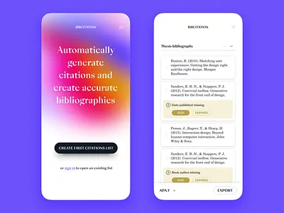 Online citation tool academic app bibliography citations gradients list mobile serif fonts shadows ui writing