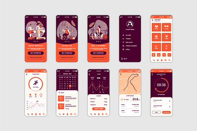 Fitness Mobile App UI Kit app application design fitness flat gui gym illustration interface kit layout mobile screen slider template ui user ux vector web