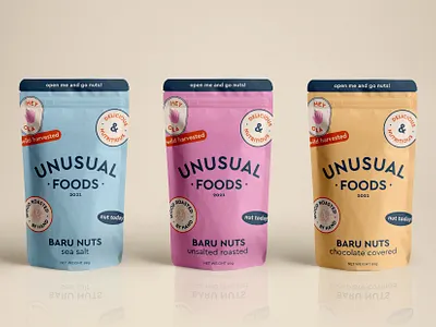 Unusual Foods Baru nut packaging brand branding design food graphic design icons illustration logo nuts packaging pink pouch stamp
