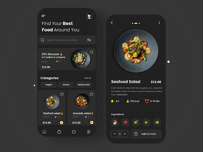 Food Ordering App UI Design dark version designer food app food menu food ordering app food website madhu mia pizza popular shot product design restaurant app salad table booking ui uiux ux web