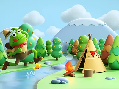 Frog Games 3d arcade studio camping character digital folioart frog illustration landscape