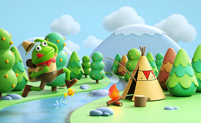 Frog Games 3d arcade studio camping character digital folioart frog illustration landscape