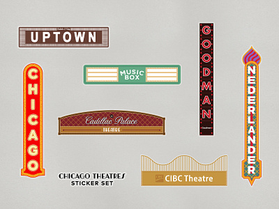 Chicago Theatres Sticker Set | Dribbble Weekly Warm-Up branding chicago chicago theatre design graphic graphic design illustration marquee rebound stickers theater typography vector weekly warm up