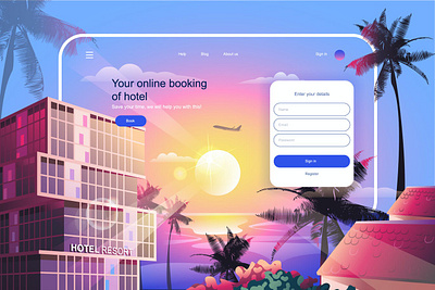 Hotel Booking Landing Page Template 3d animation 3d art 3d illustration app banner concept design flat graphic homepage icons illustration landing landing page layout page template vector web website