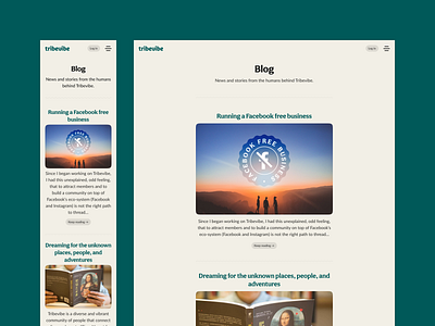 Tribevibe blog screen backpacker beige casual colorful community digital nomad eco ecology friendship green hospitality landing meetup mindful sustainable traveling trips ui ux website