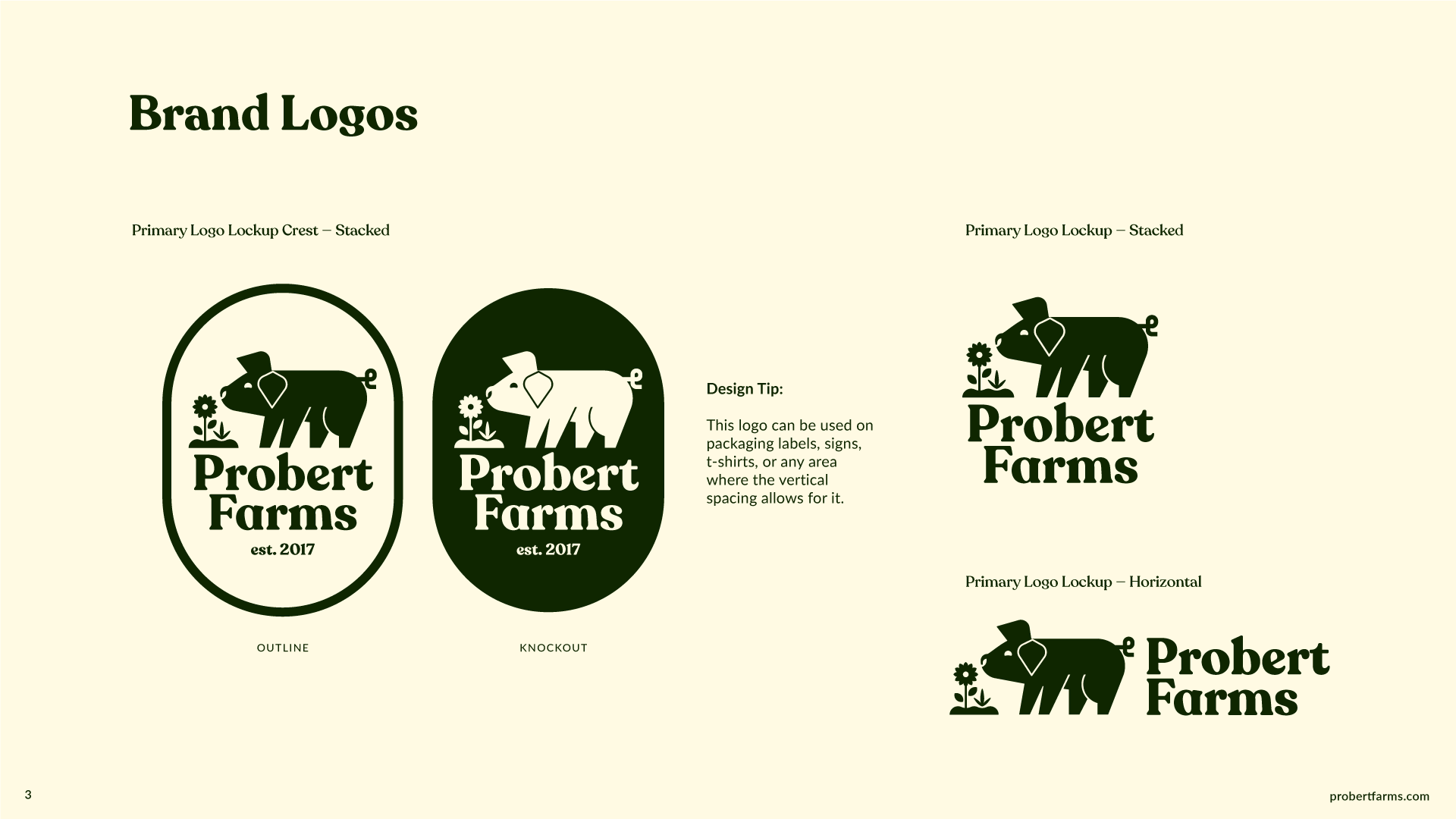Probert Farms Style Guide Excerpt: Brand Logos adorable brand crest cute educational farm feel good flat flower font free fun geometric happy logo pig playful serif simple